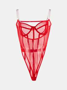 Sexy Lingerie Bodysuit Halter Porn Sheer Doll Red Transparent Backless - Red - View 2
