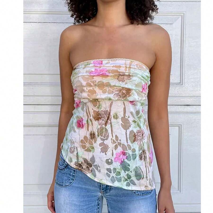 Womens Summer Floral Mesh Tube Top  Sleeveless Strapless Crop Tops Y2k Clothes - 白色 - 查看 1