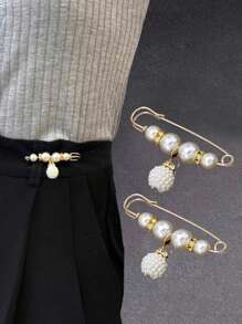 2pcs Crystal & Faux Pearl Safety Brooch Pin, Cardigan Shawl Collar Clip For Women Fashion Accessory, Ideal For Summer Outfits - Mother's Day Gift