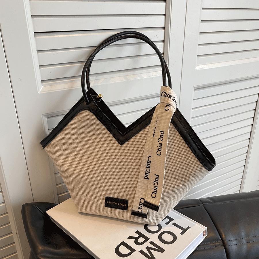Nuevo bolso de mano de gran capacidad con diseño de color block versátil, diseño acanalado, doble asa para el hombro, adecuado para viajes, compras