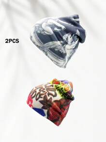 Y2K Visorless Beanie Cap, Gothic Graphic Visorless Beanie, Warm Knitted Cap For Outdoor Winter, Unisex Fashion Slouchy Beanie, Great Gift For Cycling, Fruit Boho Party, Casual Vintage Acrylic Printed Knit Cap, All Season - A - View 11