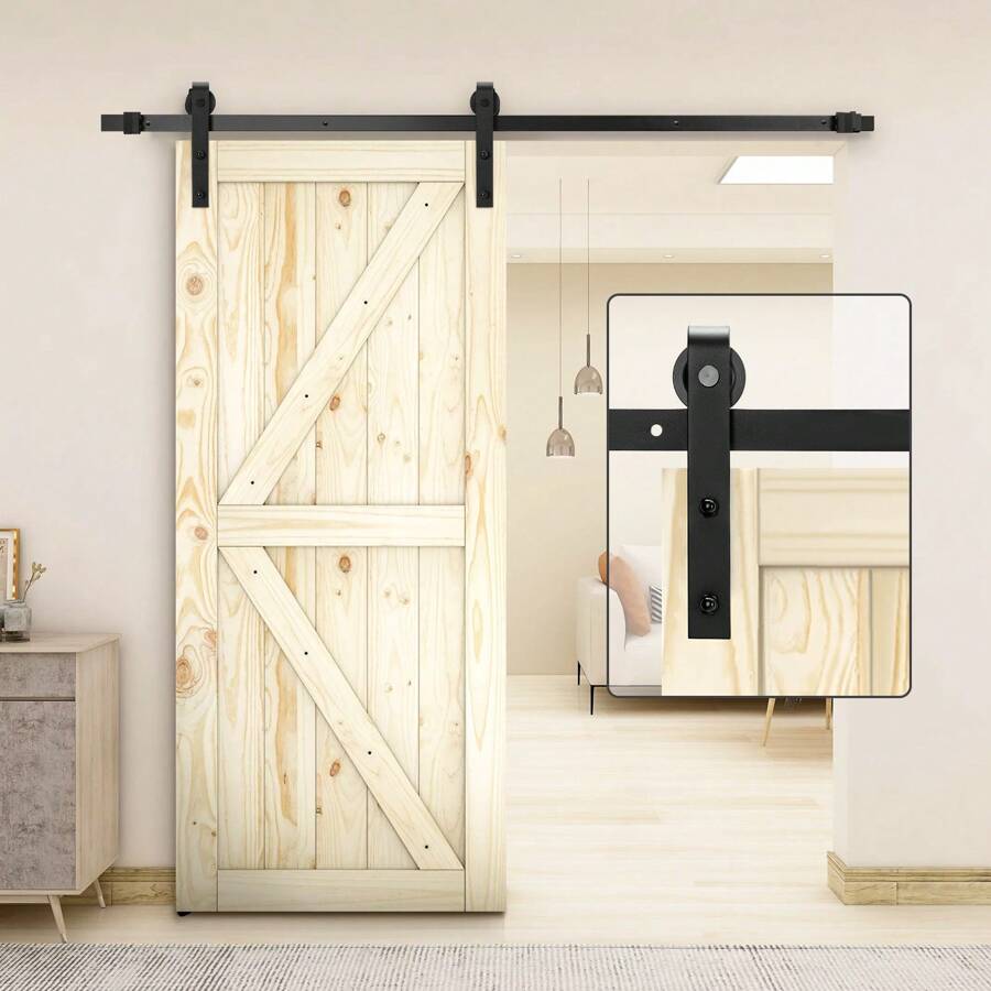 Sliding Barn 5FT Barn Door Sliding Kit Steel Slide Sliding Track Rail Hanger Roller Steel Rail Track System For Single Wooden Door - Variant1 - View 1