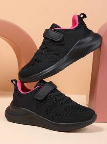 1 Pair Knit Breathable Mesh Sneakers, EVA Lightweight Non-Slip Sole, Magic Strap Closure, Fashion Multi-Color Options, Comfortable, Collegiate Style, Back To School, Outdoor Training, Daily Wear, Suitable For Spring, Summer, Autumn, Winter - Black - View 8