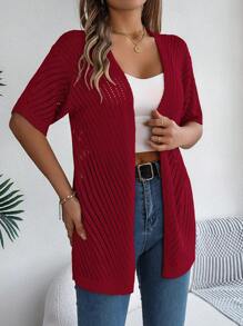 Casual Hollow Out Knit Short Sleeve Cardigan, Spring/Summer - Red - View 5