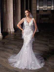 QOQ Váy dài nữ cổ chữ V sâu không tay màu trắng thanh lịch lãng mạn có lưới và sequin cho đám cưới, cô dâu - trắng - Xem 6