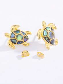 1 Pair 925 Sterling Silver Abalone Shell & Sea Turtle Stud Earrings, Fashionable Unisex
