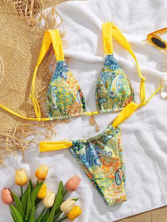 Nouveau bikini élégant à liens noués imprimé avec des sangles ajustables souples, tenue de plage pour femmes en été