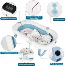 Bañera plegable para bebé con termómetro digital, almohada de baño, compacta, portátil, rosa, gris, azul y verde