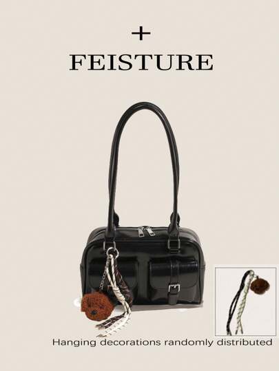 FEISTURE 1 纯色PU多口袋保龄球包，女士款（带狗狗吊坠），拉链封口，适合购物、约会、作为女士礼物，适合少女、大学生和上班族，是办公室、大学、工作和通勤的理想之选。