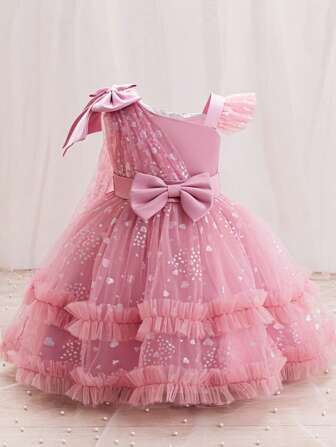 Hibobi Vestido de Fiesta para Bebés Niña, con Mangas Volantes, Diseño Asimétrico y Lazo Decorativo, Ideal para Niñas de 1 a 4 Años