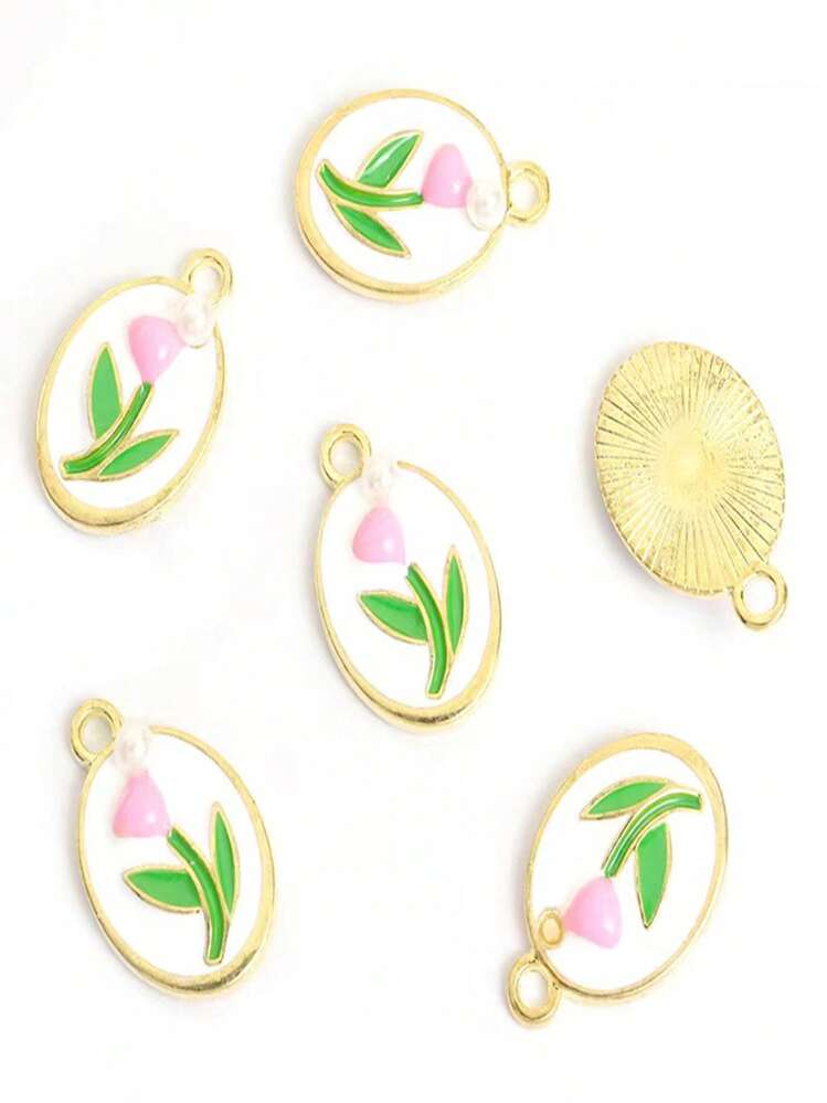 10pcs/Pack Oil Drip Tulip Shaped Alloy Oval Flower Pendant, DIY Jewelry Making Earrings & Necklace - Gold - View 2