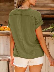 Acelitt Summer Casual Solid Color Loose Knitted Textured Striped Round Neck Short Sleeve T-Shirt - Army Green - View 2