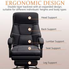 High Back Office Chair Executive Desk Chair With Foot Rest Comfortable Computer Gaming Chairs Reclining PU Leather Swivel Work Chair - 黑色 - 查看 4