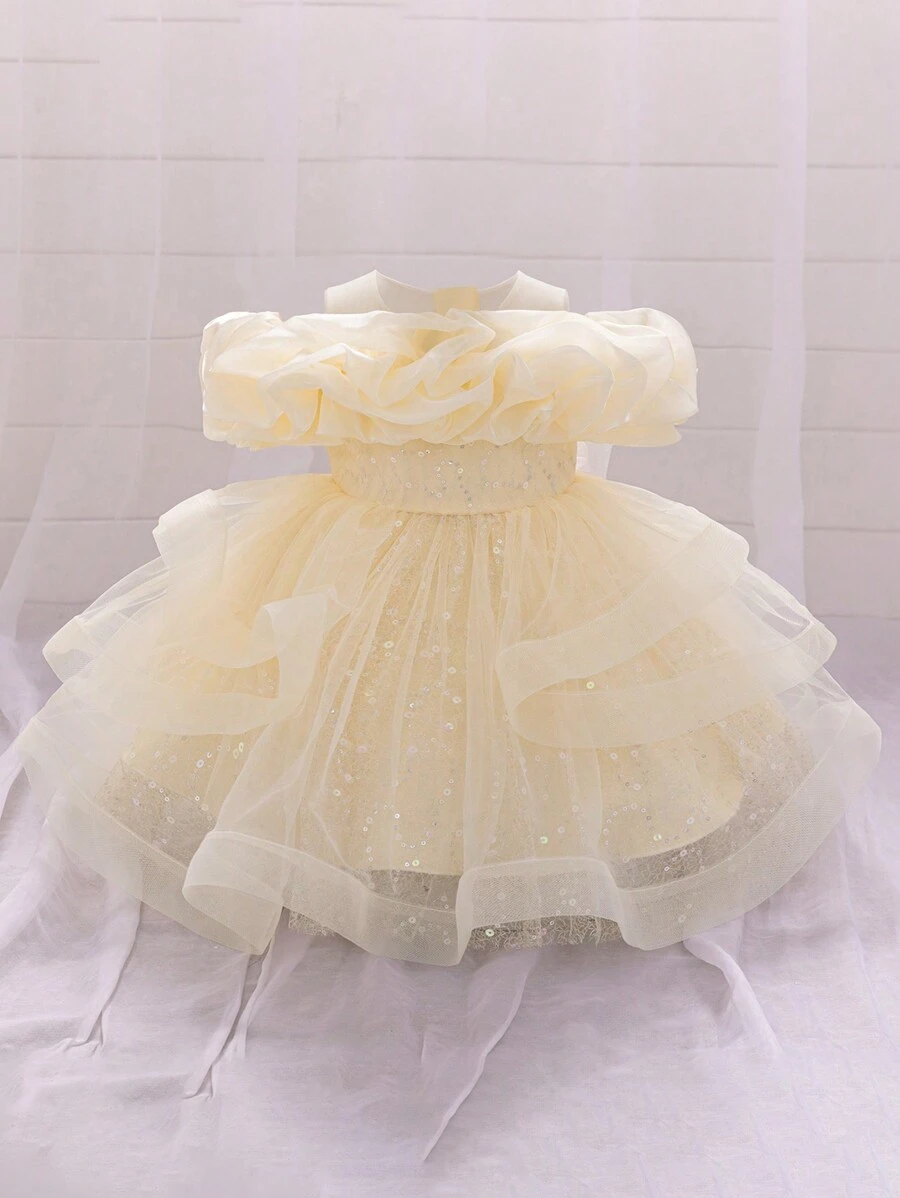 Baby Girls Sequin Mesh Cute Birthday Princess Dress, Suitable For Party, Celebration, Outing, Does Not Include Headband - Champagne - View 1