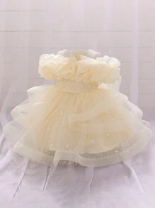 Baby Girls Sequin Mesh Cute Birthday Princess Dress, Suitable For Party, Celebration, Outing, Does Not Include Headband - Champagne - View 3