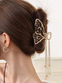 1枚立體蝴蝶結金屬髮夾,連鎖流蘇和人造水晶吊墜,空心蝴蝶馬尾扣,優雅的髮型配件 - 金色 - 查看 1