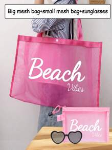粉色网眼手提包，带有海滩字母印花设计，配有化妆包和太阳镜，网眼化妆包和靠垫粉扑收纳便携式化妆包，带有海滩字母印花设计，沙滩包 - 粉色 - 查看 1