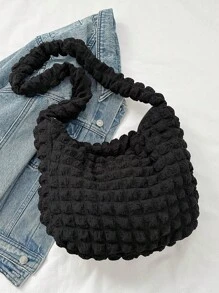 褶皱大容量单肩包，韩版风格，百搭云朵印花休闲斜挎手提包 - 黑色 - 查看 9