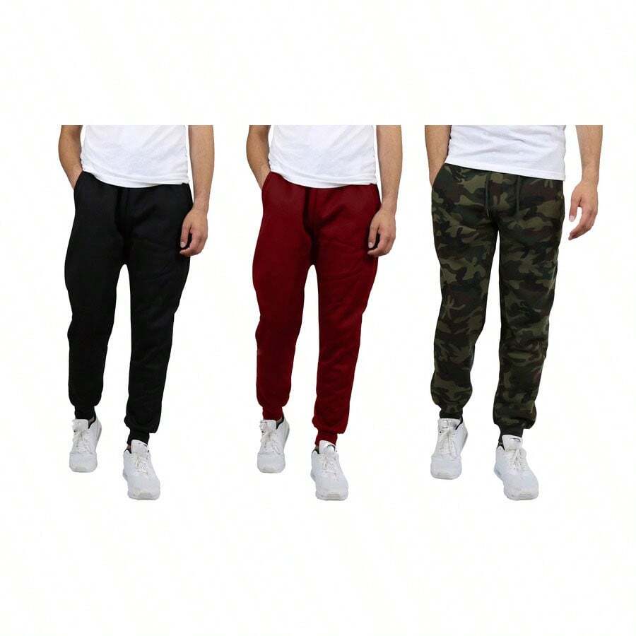 3-Pack Mens Modern Fit Fleece Jogger Sweatpants (S-3XL) - Black - Burgundy - Woodland - View 1