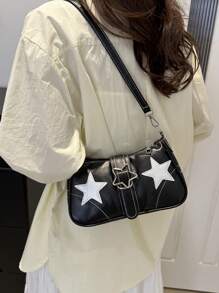 Y2K 女士休闲斜挎包，带星星装饰，腰带，夹子，可调节和可拆卸肩带，单肩包，大容量，复古，适合工作和通勤 - 黑色 - 查看 2