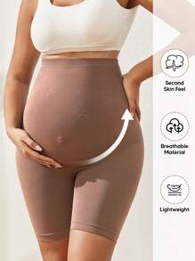 Pantalones cortos ajustados de cintura alta elástica para maternidad - Caqui - Ver 3