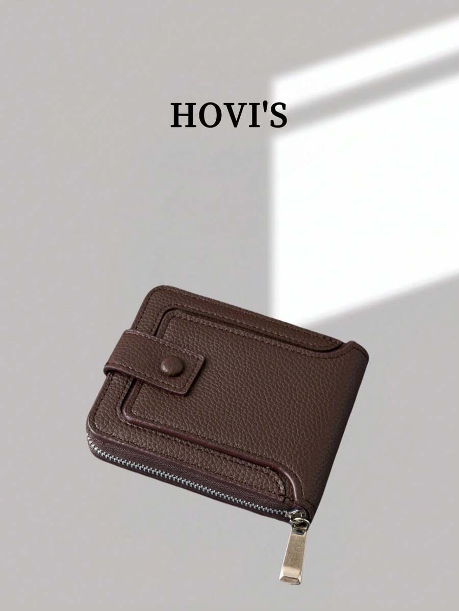 HOVI'S New Lychee Texture Men Short Button Wallet Horizontal Zipper Multi-Functional Card Holder Clip Coin Purse Gift - Brown - View 1