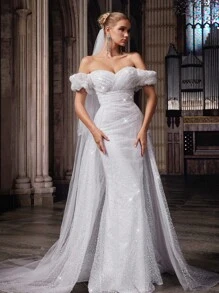 QOQ 女神气质新娘礼服女浪漫正式礼服，适合婚礼、正式活动、婚礼派对、晚宴、婚礼照片白色单肩网眼超长连衣裙 - 白色 - 查看 3