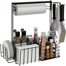 BBQ And Grill Caddy With Paper Towel Holder, Iron Steel Handle & 4 Hooks – Camper Accessories Condiment Caddy – Plates, Cutlery And BBQ Organizer For Camping Outdoor Grilling Tool Accessories