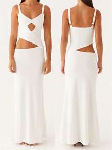 Women Slip Dress, Sleeveless V-Neck Backless Hollowed Swing Dress Summer Long Dress For Cocktail Party - 白色 - 查看 2