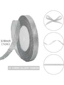 1roll 25Yards Silver Gold Glitter Ribbon 3/8 Inch, Sparkly Thin Solid Fabric Ribbon For Gift Wrapping, Crafts, Christmas Holiday Wedding Birthday Party Decoration Floral Bouquet, Metallic Gold Ribbon Roll - Multicolor - View 9