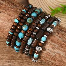 7pcs Turquoise & Wooden Bead Stretch Bracelet Set, Handmade Retro Unisex Fashion Jewelry For Men & Women, Suitable For Daily Wear