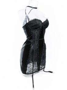 Vestido lencero con parches de encaje sexy sin tirantes para salir - Negro - Ver 9