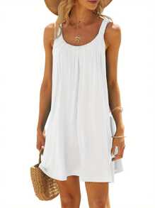 Women's Summer Short Beach Dress Solid Color Sleeveless Backless U Neck Beachwear - 白色 - 查看 5
