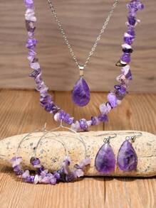 Boho-Chic 6pcs Amethyst Jewelry Set - Natural Stone Necklace & Earrings, Perfect For Casual Attire & Gifting - Multicolor - View 9