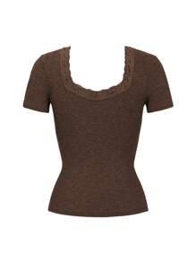 Y2K Women's T-Shirt Solid Color Slim Sexy Short Sleeve Lace Lace Top