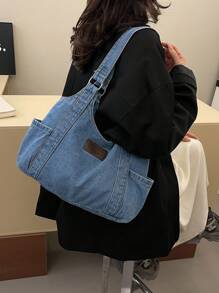 2025 New Fashion Niche Washed Canvas Underarm Bag With Dual Side Pockets For Keys, Lipstick, Commuting, Shopping, Dating And Casual Daily Use - Blue - View 4