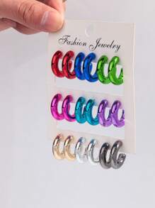1 Set Of 9 Pairs Fashion Metal-Color Acrylic Asymmetrical C-Shape Hoop Earrings Set, Suitable For Daily Wearing For Women