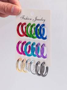 1 Set Of 9 Pairs Fashion Metal-Color Acrylic Asymmetrical C-Shape Hoop Earrings Set, Suitable For Daily Wearing For Women