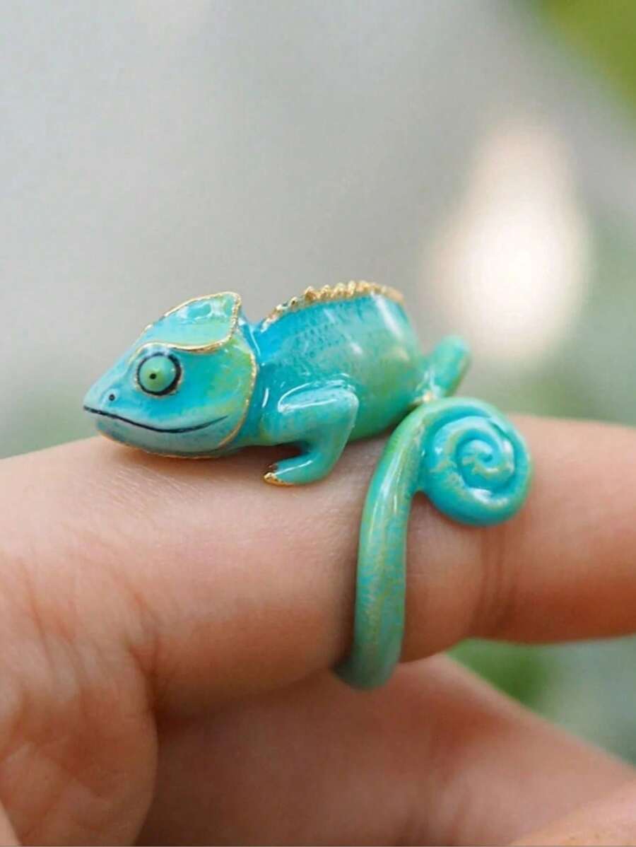 Unique Cute Blue Chameleon Ring For Women Girl Enamel Jewelry Fashion Animal Ring Party Jewelry Creative Jewelry Birthday Christmas Gifts