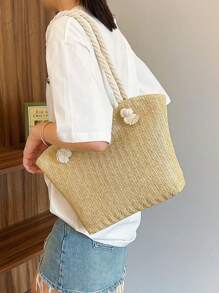 新款设计女士单肩包、手提包、草编包、沙滩包、背包 - 淺卡其色 - 查看 5