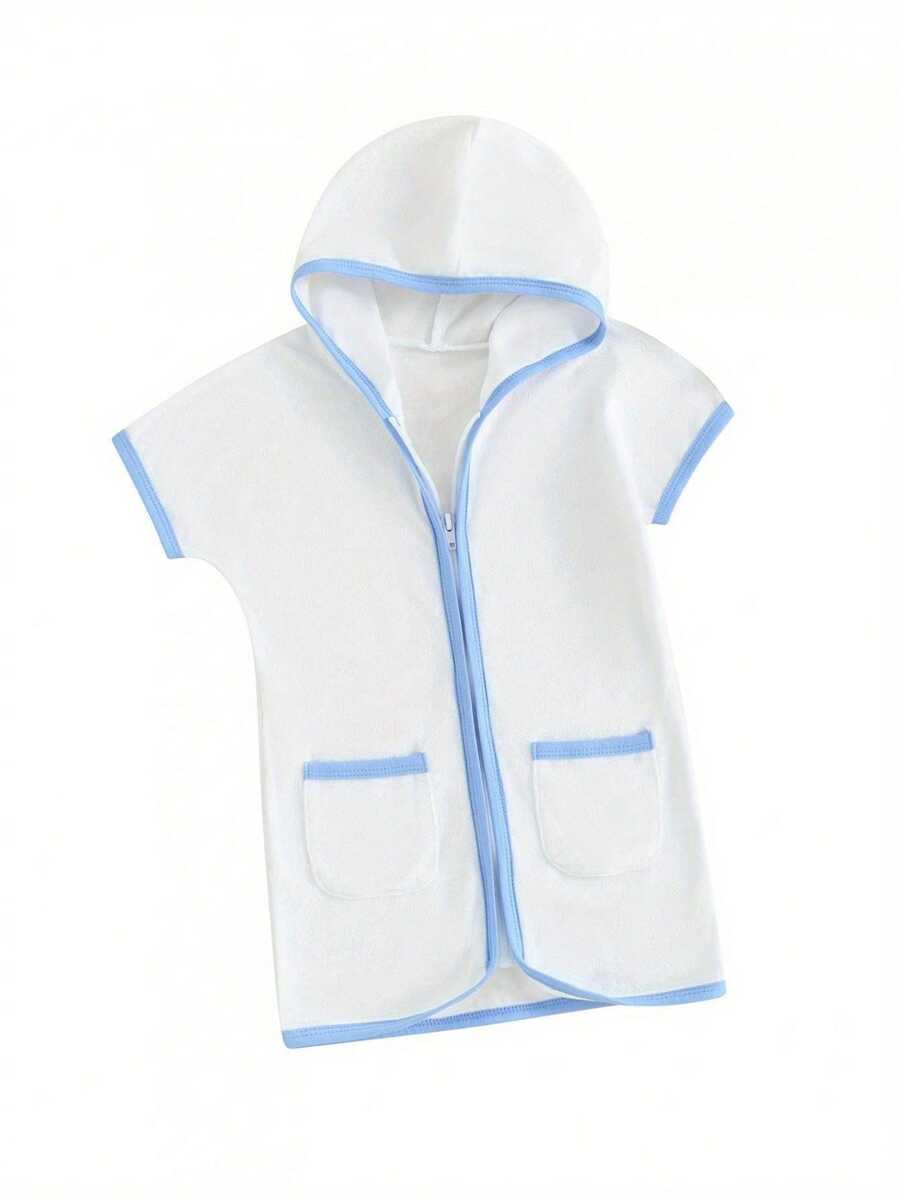 Mono informal de verano para niñas pequeñas, de manga corta, con cremallera y capucha de color en contraste - Azul - Ver 1