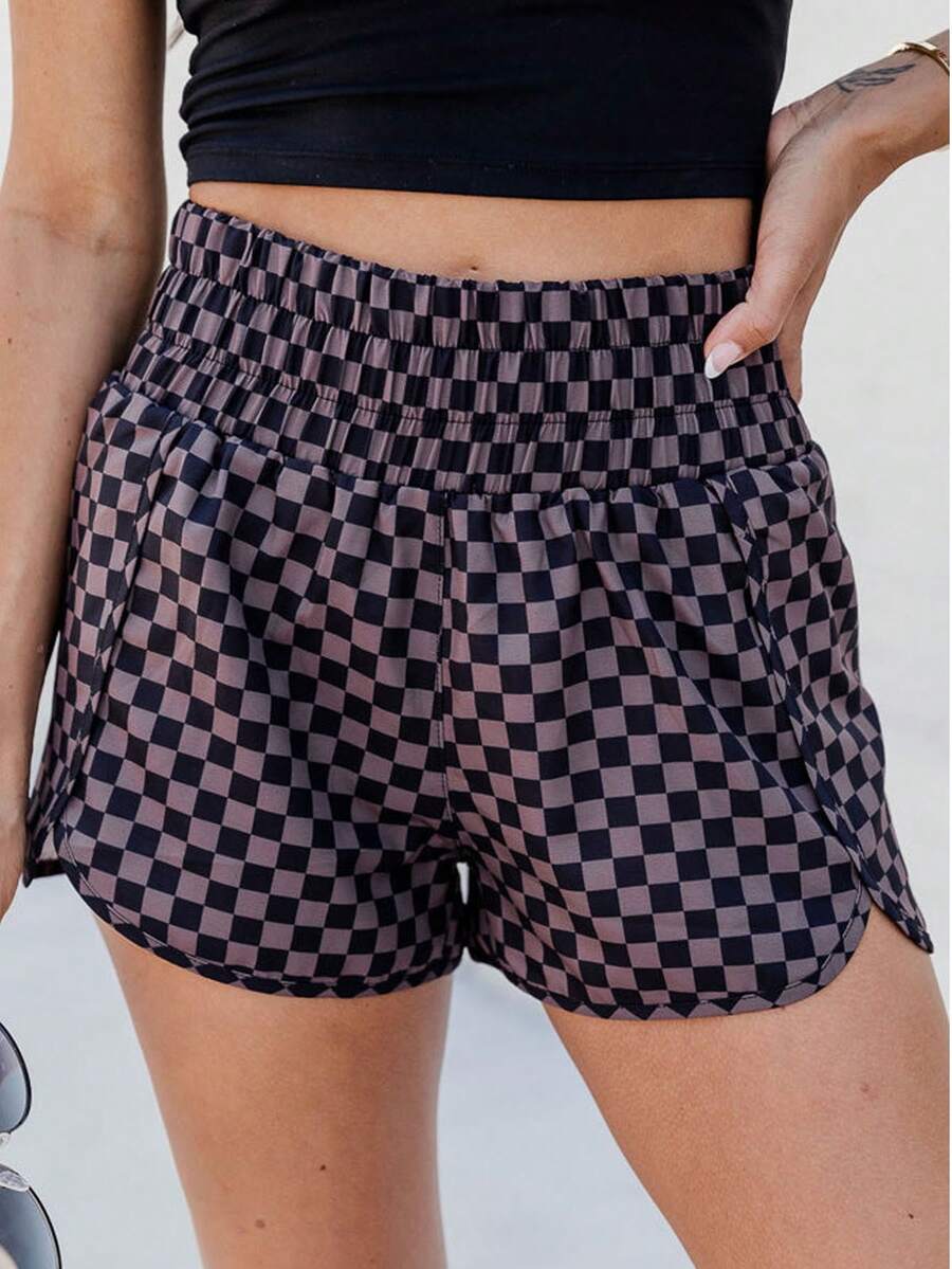 Acelitt 女士格子豹纹高腰直筒开衩休闲短裤，适合海滩度假，黑色夏季款 - 黑色 - 查看 1