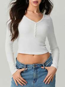 Women's Summer Slim Cropped Tops Solid Color Ribbed Long Sleeve V-Neck Button Show Navel T-Shirt - White - View 3