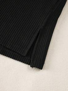 Acelitt 夏季休闲纯色宽松针织条纹圆领短袖T恤 - 黑色 - 查看 9