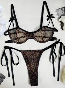 Leopard Print Lingerie Sexy Ladies See Through Erotic Romantic Bra Set For Going Out - Brown - View 2
