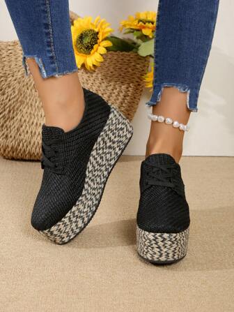 2024年新款系带时尚麻绳编织厚底乐福鞋，厚底高跟鞋，加大码女鞋