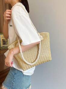 新款设计女士单肩包、手提包、草编包、沙滩包、背包 - 淺卡其色 - 查看 4