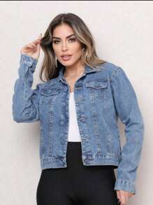 Women's Short Denim Jacket - 淺色水洗藍 - 查看 1