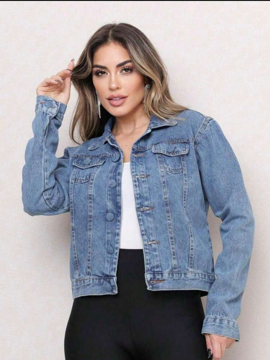Women's Short Denim Jacket - 淺色水洗藍 - 查看 1