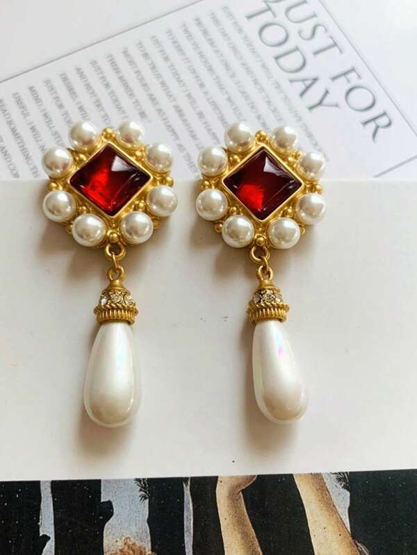 1 Pair Fashionable Regal Faux Pearl Red Dangle Earrings, Suitable For Women's Daily, Festival, Formal Dress, Party Wear, Gift For Wife, Mother, Jewelry Accessory